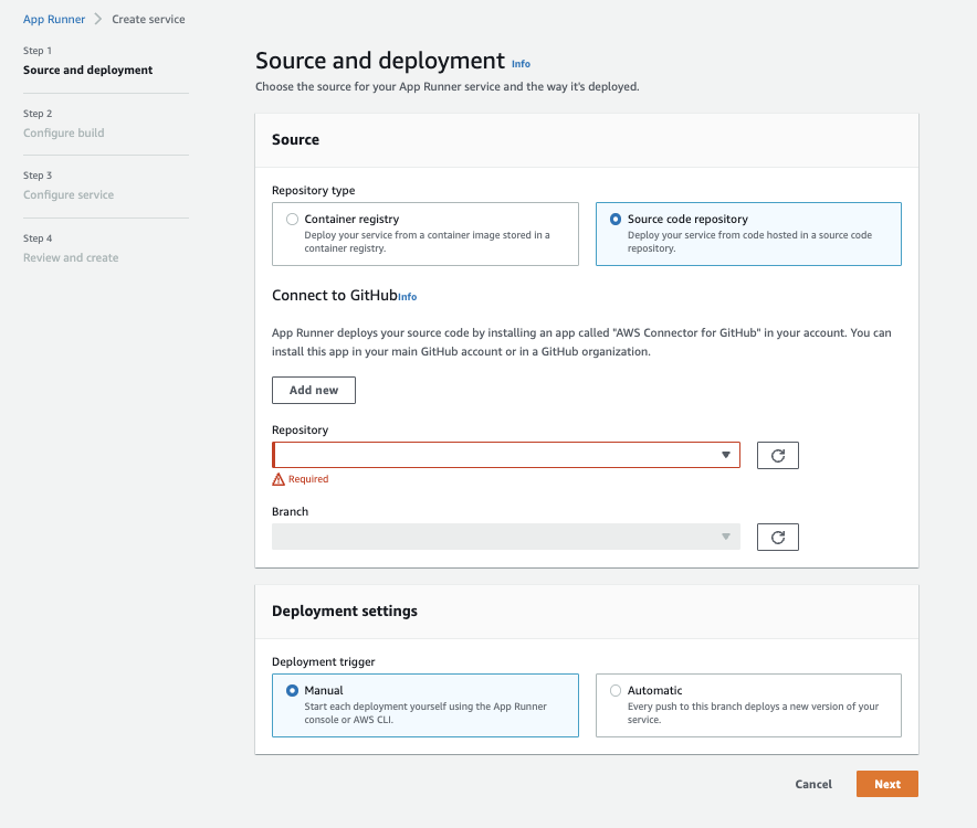 AWS App Runner Configuration menu