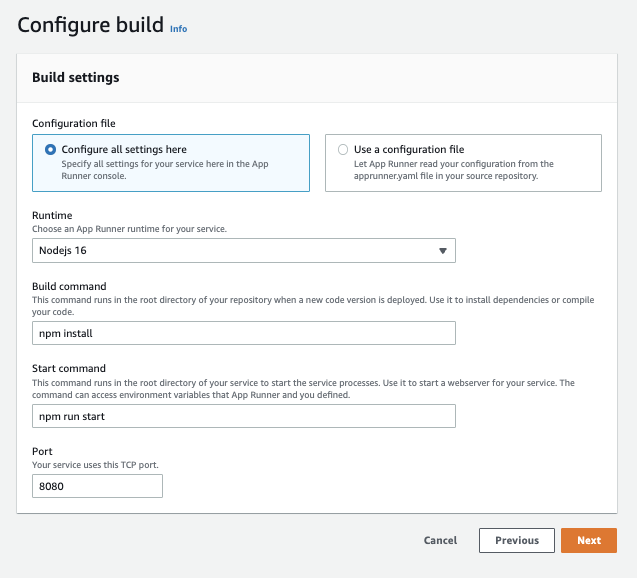 The configure build settings filled out