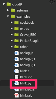 A screenshot showing the Cloud9 code examples and highlighting the blink.py file