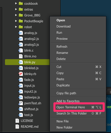 A screenshot showing how to to open the terminal in the same directory as the blink.py file