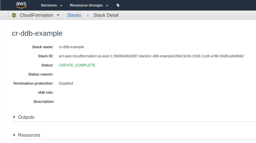 The top of the stack’s information page showing CREATE_COMPLETE