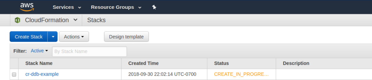The AWS console with the CREATE_IN_PROGRESS status of the stack