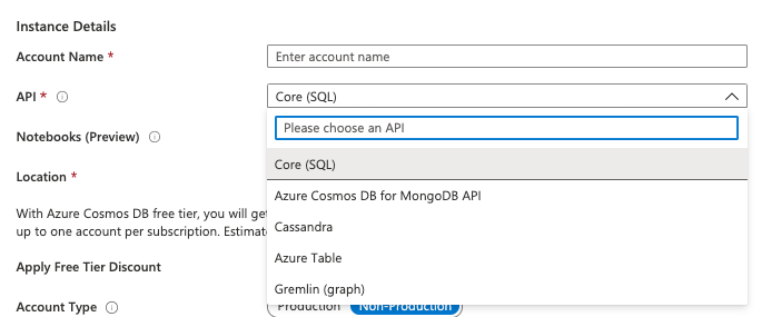 Choose API selection dropdown