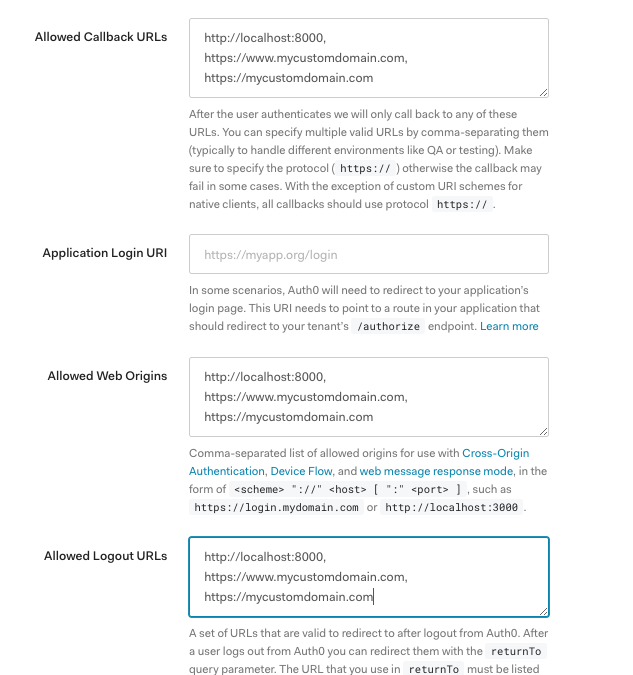 An Auth0 configuration window showing the URLs we need to configure