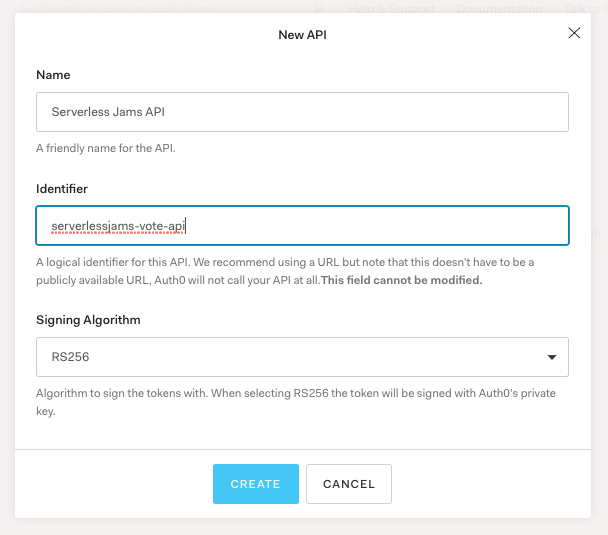 The Auth0 API creation modal