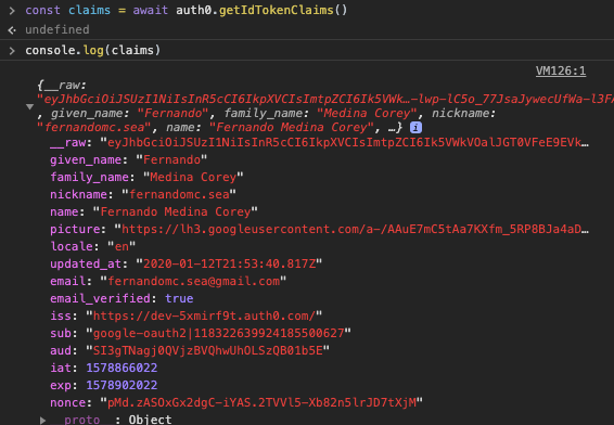 Screenshot of the JS console after console logging the token claims